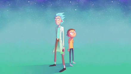 HD desktop wallpaper featuring Rick Sanchez and Morty Smith from the TV show Rick and Morty, standing against a starry sky background.