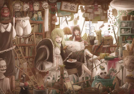 HD Touhou anime PC wallpaper: warm, cluttered room with a green‑haired girl reclining with tea, others by the sunlit window amid books, plants, and trinkets.