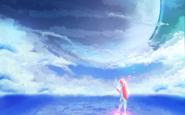 A serene HD desktop wallpaper featuring Rin from Shelter, standing on a vibrant ocean with a dreamy sky and celestial body, capturing a sense of wonder and beauty in an anime style.