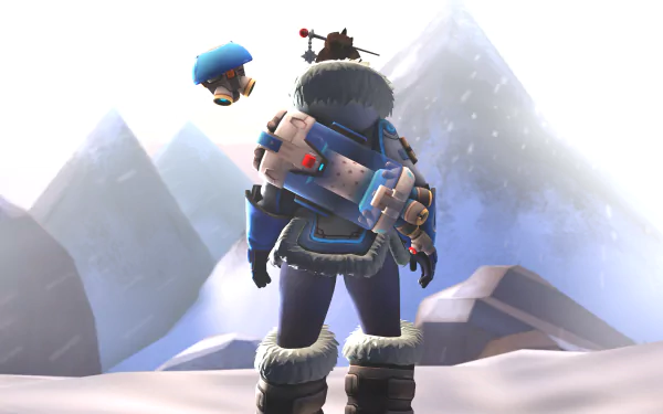 Mei from Overwatch stands in snowy mountains with her drone companion, captured in a 4K Ultra HD PC desktop wallpaper from the video game Overwatch.