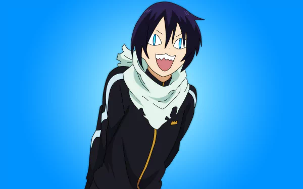 HD wallpaper of Yato from the anime Noragami, featuring a funny and playful expression against a bright blue background.
