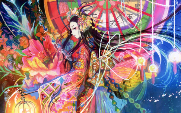 Vibrant 4K Ultra HD anime wallpaper featuring a beautifully detailed geisha surrounded by colorful flowers and glowing lanterns with intricate patterns and a dynamic background.
