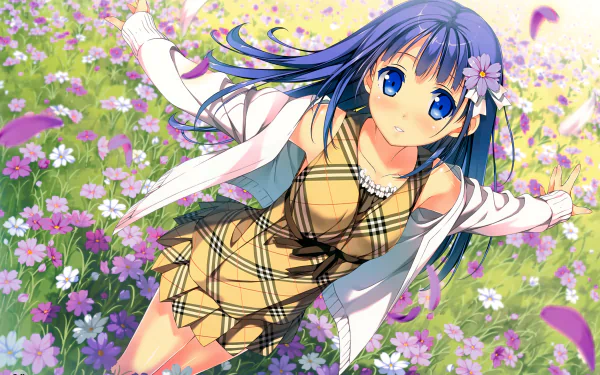 4K Ultra HD anime wallpaper from 5 Nenme no Houkago, featuring an original character with blue hair and blue eyes lying in a vibrant field of pink and purple flowers.