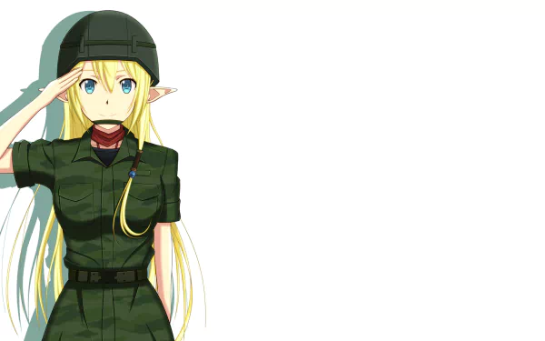 Anime character Tuka Luna Marceau from Gate (2015) salutes in military attire, featuring long blonde hair and an elf-like appearance against a clean background. HD desktop wallpaper.