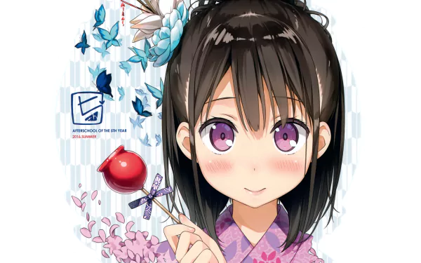 HD PC desktop wallpaper featuring an original anime-style illustration of a girl in a kimono holding a dragonfly, inspired by 5 Nenme no Houkago.