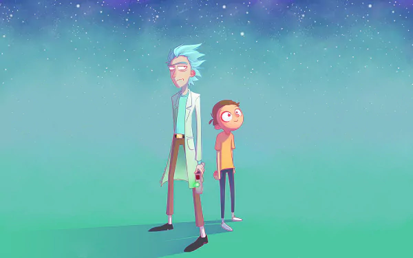 HD desktop wallpaper featuring Rick Sanchez and Morty Smith from the TV show Rick and Morty, standing against a starry sky background.
