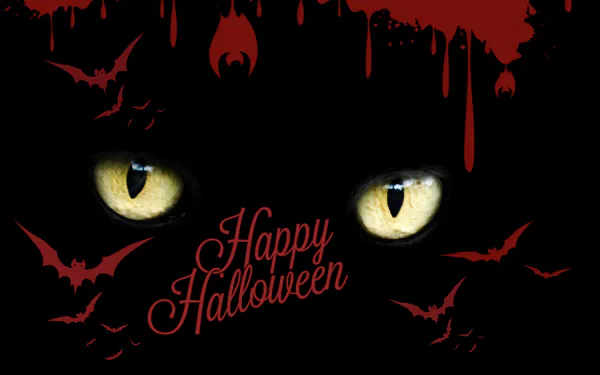 Dark Halloween-themed HD PC wallpaper featuring glowing yellow eyes, red dripping blood, and flying bats with Happy Halloween text in spooky script.