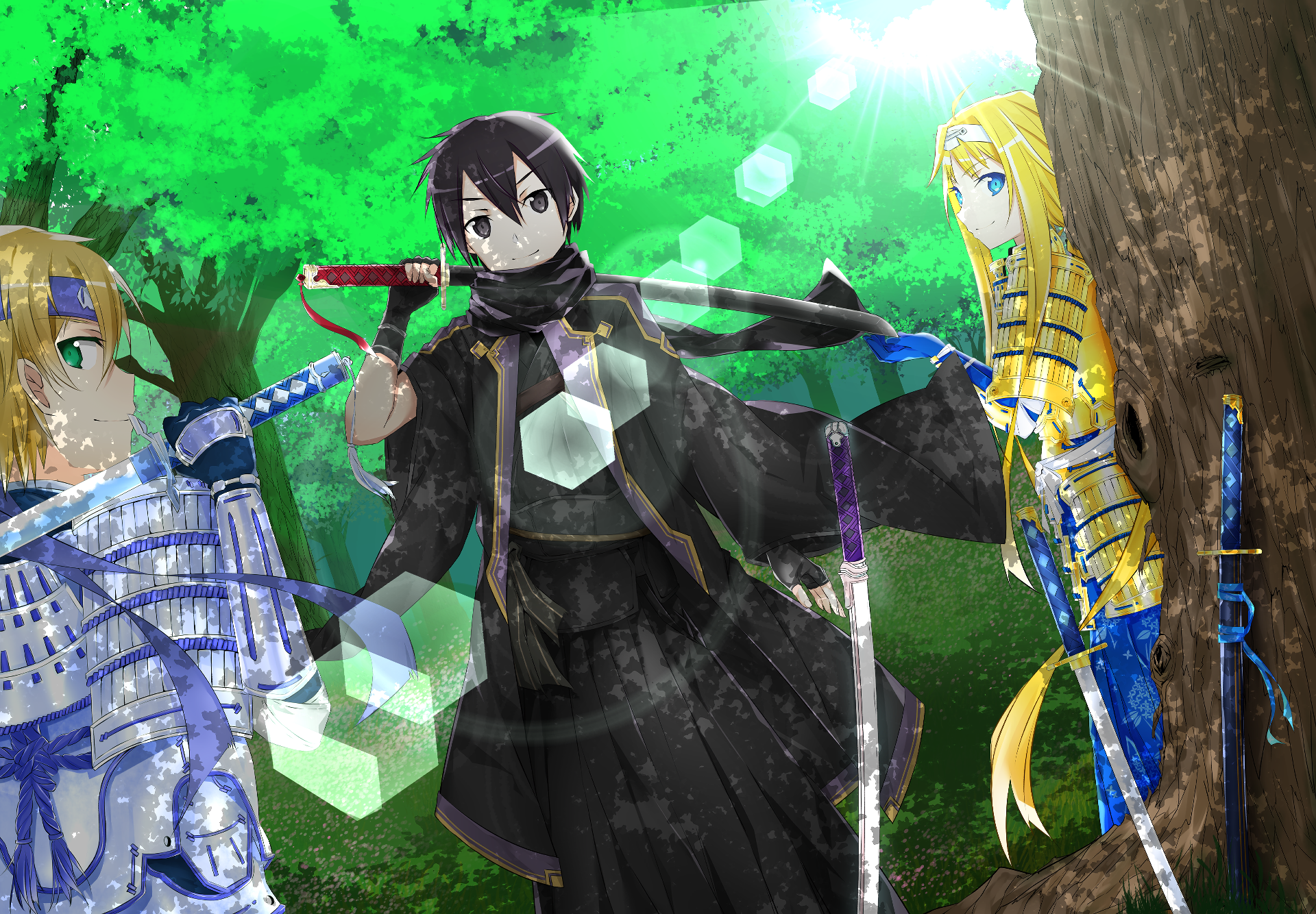 An HD PC desktop wallpaper featuring characters from Sword Art Online, set in a vibrant green forest, with dynamic poses and detailed anime art style.
