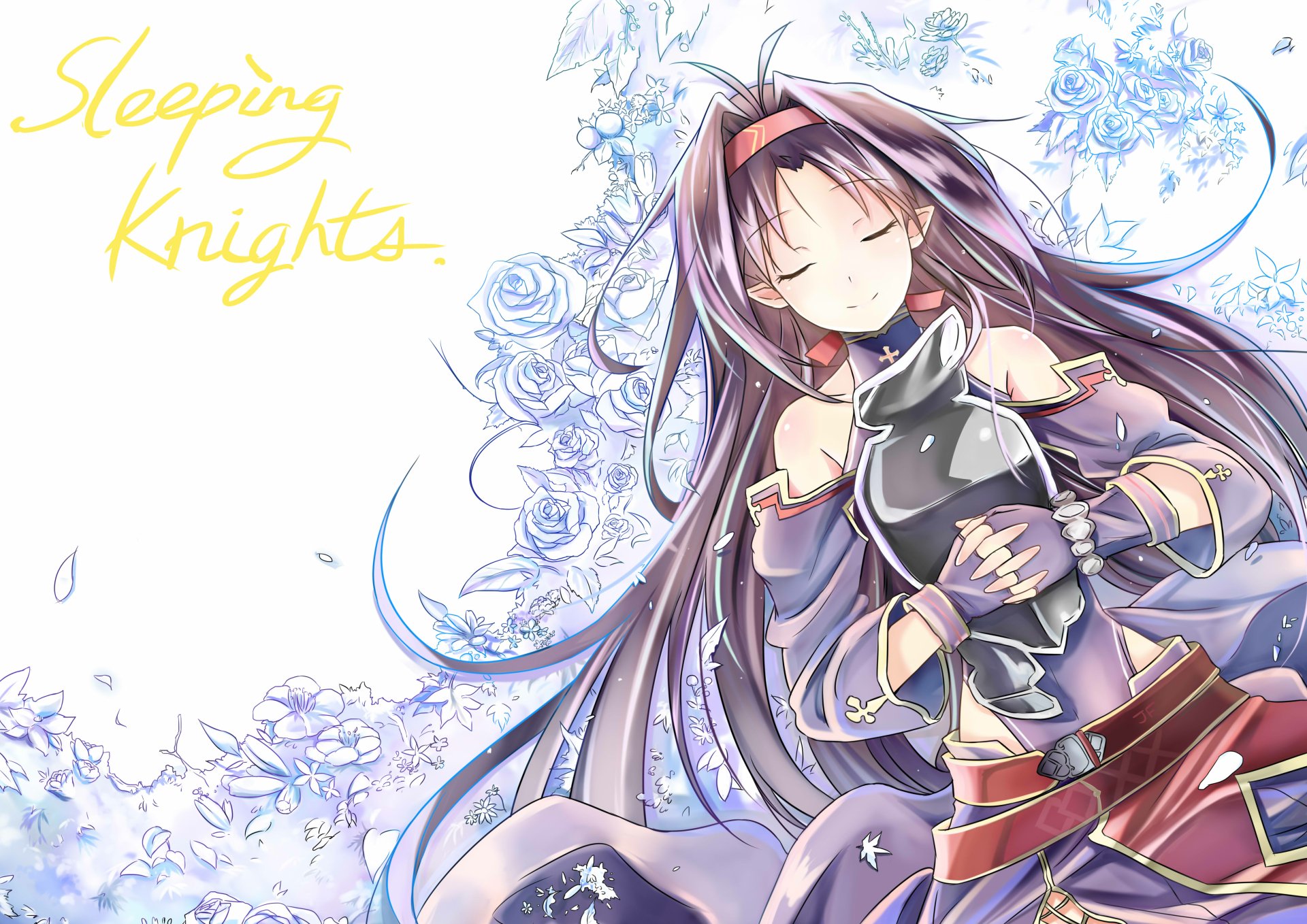 Anime-style 4K Ultra HD PC wallpaper featuring a peaceful Sword Art Online II character, Sleeping Knights theme, surrounded by delicate floral designs.