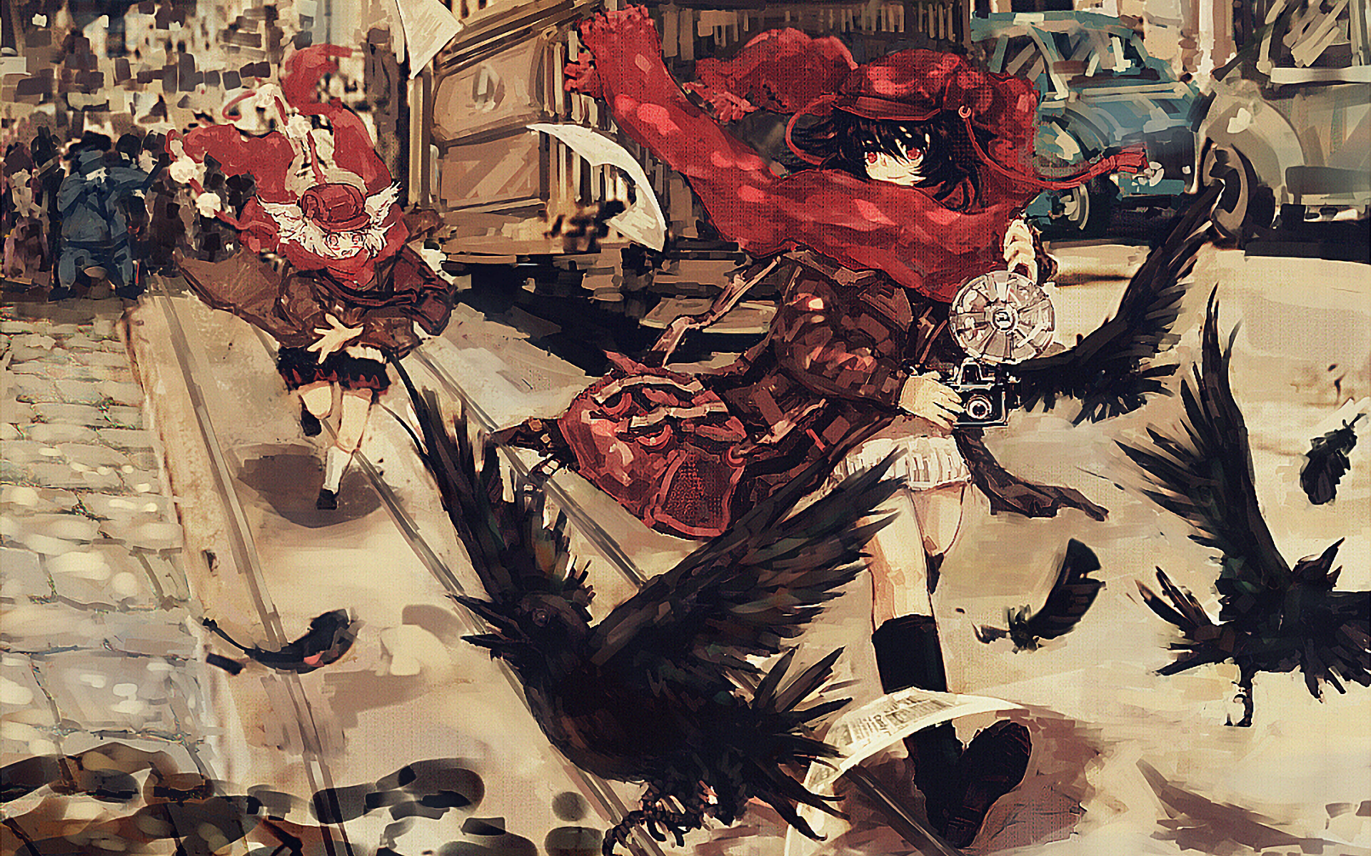 HD anime desktop wallpaper featuring dynamic Touhou characters in red outfits amidst flying black feathers on a cobblestone street with vintage vehicles in the background.