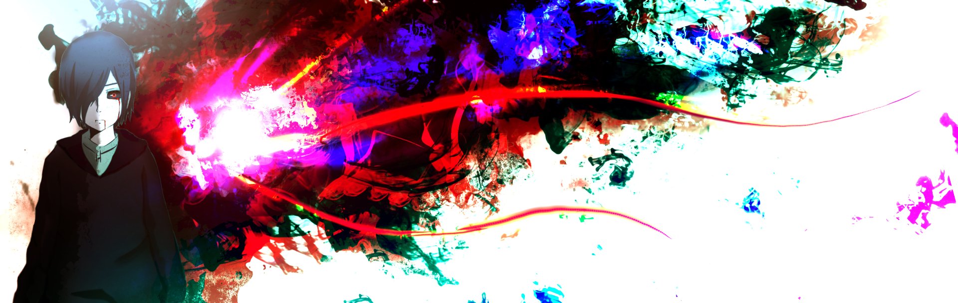 HD PC desktop wallpaper featuring Touka Kirishima from the anime Tokyo Ghoul, with vibrant, abstract colors and dynamic visual effects.
