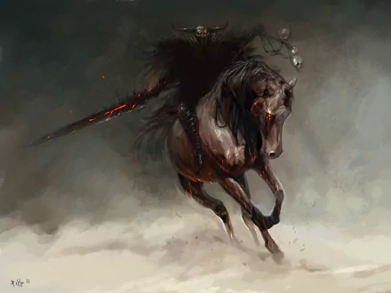 A dramatic 4K Ultra HD wallpaper featuring a dark warrior on a fierce horse, wielding a sword amidst swirling mist and dynamic shadows.