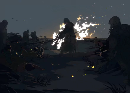 A dramatic anime military scene depicting soldiers amidst a fiery backdrop, capturing a moment of tension and action, designed as an HD PC desktop wallpaper and background.