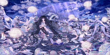 HD anime original desktop wallpaper featuring a dark-haired character surrounded by glowing orbs under a dramatic, cloud-filled night sky.