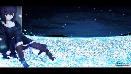 Anime HD PC wallpaper from Witch On The Holy Night, featuring a character sitting by a glowing, blue-lit landscape under a dark, starry sky.