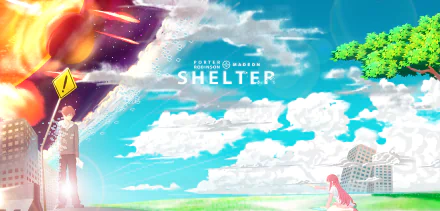 A vibrant HD desktop wallpaper featuring characters Rin and a boy against a stunning anime backdrop from Shelter, showcasing a dramatic sky and an ethereal landscape.
