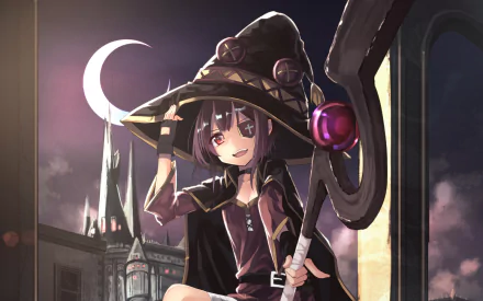 A vibrant HD wallpaper featuring Megumin from KonoSuba, showcasing her iconic hat and staff against a mystical background with a crescent moon and enchanting architecture.