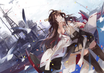 A vibrant HD wallpaper featuring Kongou from Kancolle, surrounded by seagulls and a backdrop of ships, blending anime aesthetics with action and movement.