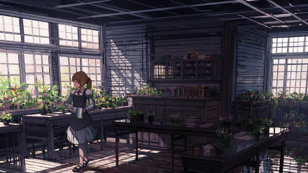HD anime room desktop wallpaper featuring a sunlit room with potted plants, wooden furniture, and a girl in a maid outfit standing near a table.