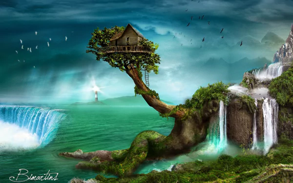 A whimsical landscape featuring a treehouse perched atop a tree, alongside a cascading waterfall and serene waters, evoking a sense of fantasy and adventure.