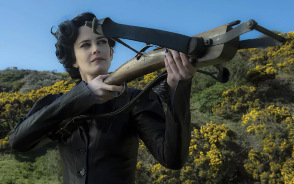 Miss Peregrine, portrayed by Eva Green, aims a crossbow against a vibrant backdrop of blooming flowers in this striking HD wallpaper from *Miss Peregrine's Home for Peculiar Children*.