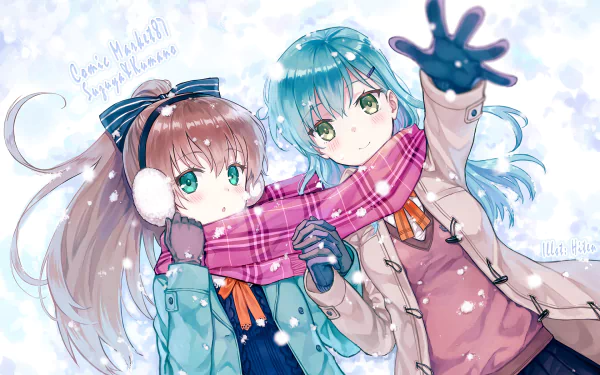 Two anime characters from Aikatsu! stand together in a snowy scene, warmly bundled in winter clothing, sharing a joyful moment. This HD wallpaper captures a cheerful winter vibe.