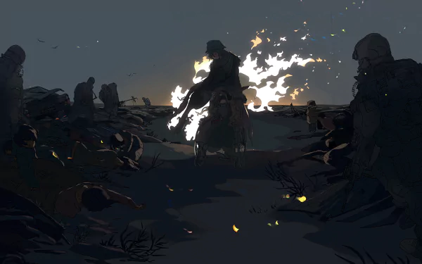 A dramatic anime military scene depicting soldiers amidst a fiery backdrop, capturing a moment of tension and action, designed as an HD PC desktop wallpaper and background.