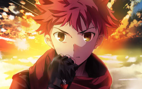 Shirou Emiya stands pensively against a vibrant sunset, embodying the spirit of the anime Fate/Stay Night in this HD desktop wallpaper.