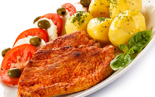 4K Ultra HD wallpaper featuring a meal with seasoned meat, boiled potatoes garnished with dill, sliced tomatoes, and green olives on a white plate.