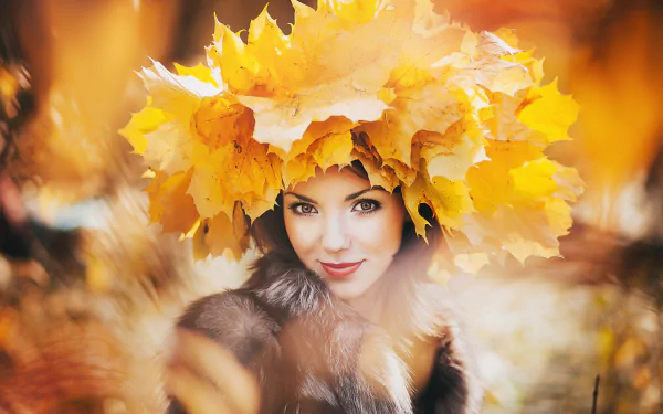 leaf fur blur hazel eyes lipstick smile face woman model HD Desktop Wallpaper | Background Image