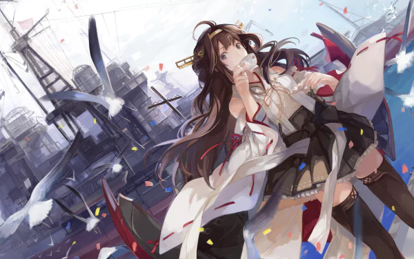 A vibrant HD wallpaper featuring Kongou from Kancolle, surrounded by seagulls and a backdrop of ships, blending anime aesthetics with action and movement.