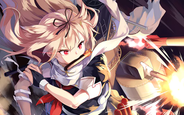 HD anime desktop wallpaper featuring Yuudachi from Kantai Collection, depicted in dynamic action with vibrant colors and intense battle effects.