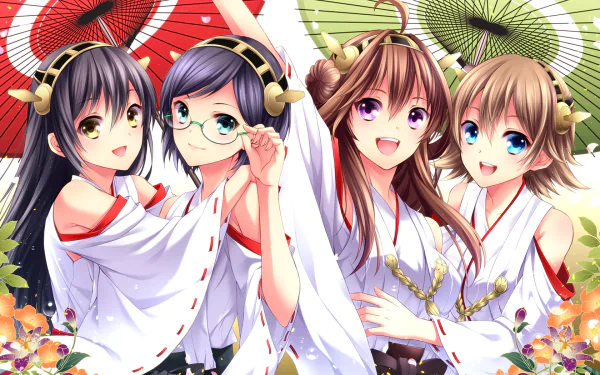 HD anime desktop wallpaper featuring Kirishima, Hiei, Haruna, and Kongou from Kantai Collection, each holding colorful traditional Japanese umbrellas.