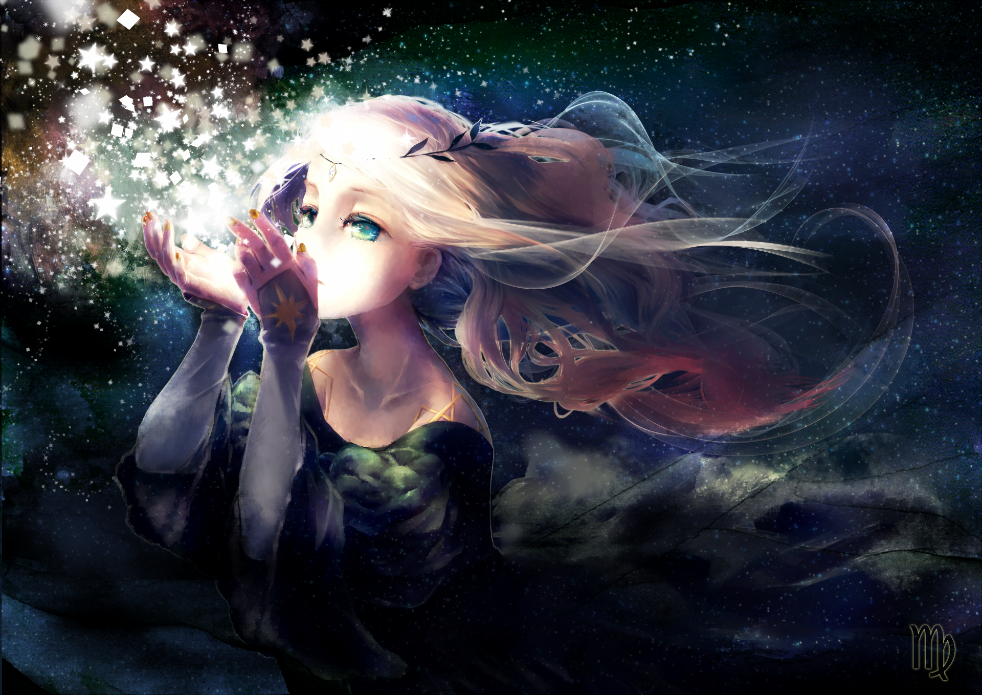Anime-style HD desktop wallpaper featuring an original character with long blonde hair and bright aqua eyes, surrounded by sparkling light in a dark, starry background.