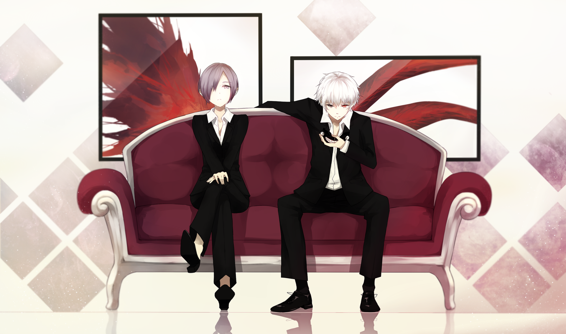 A stylized HD wallpaper featuring Touka Kirishima and Ken Kaneki from Tokyo Ghoul, seated on a red couch against a creative background of abstract art.