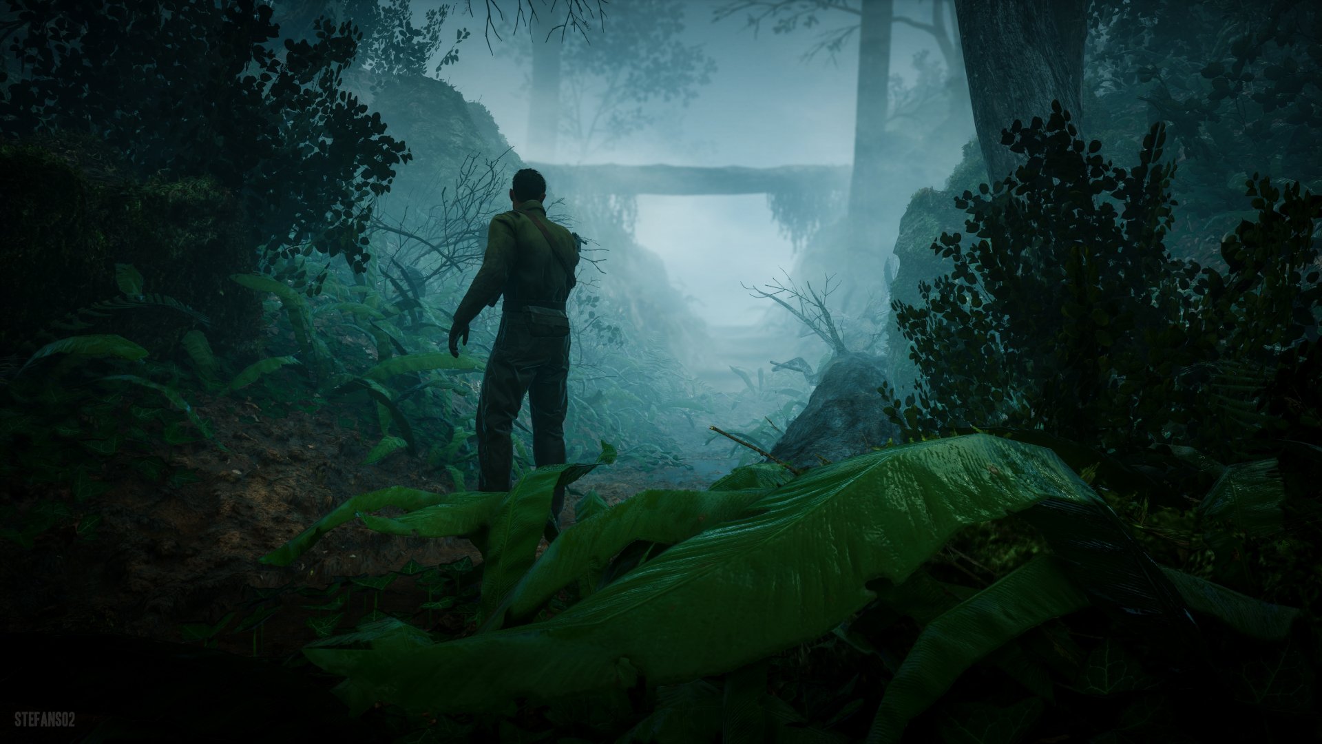 A soldier stands in a misty forest, surrounded by dense foliage, capturing a tense moment from the video game Battlefield 1. This HD desktop wallpaper evokes a sense of adventure.