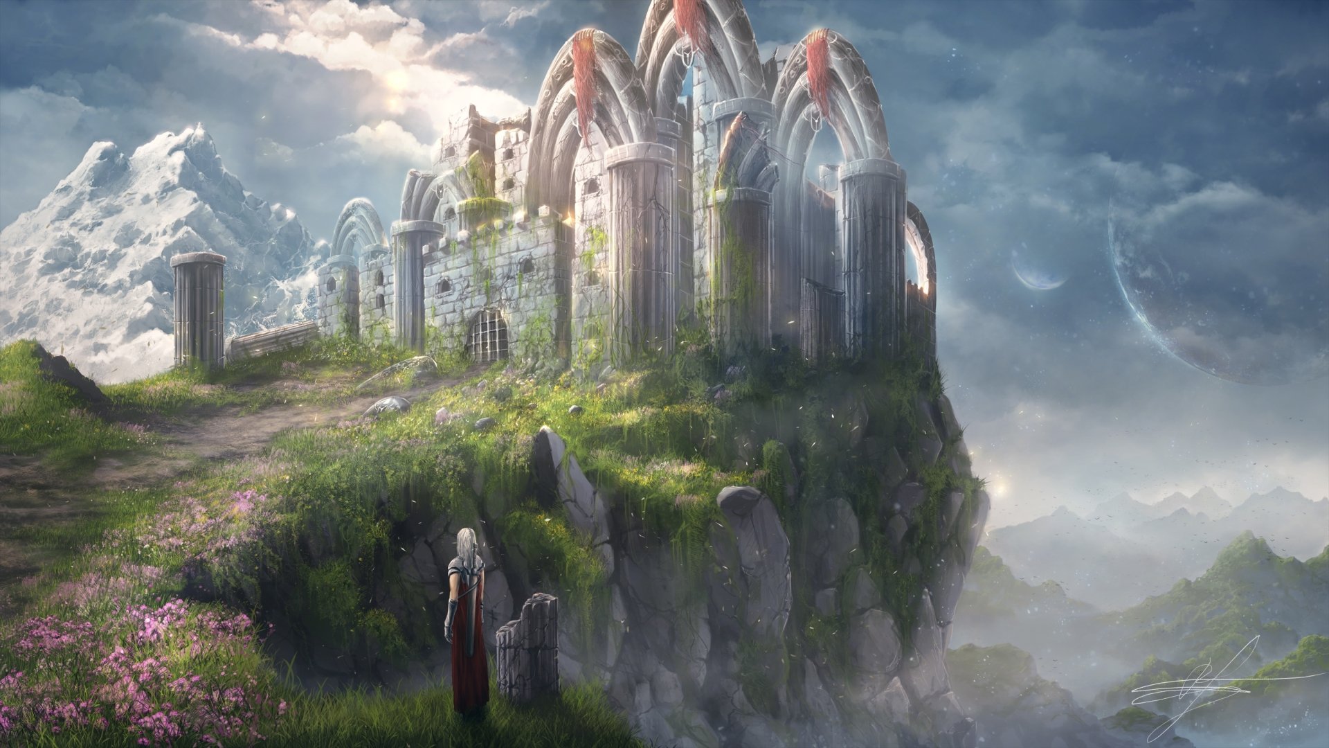 A woman warrior stands in a vibrant landscape, gazing at an ancient castle surrounded by lush greenery, ethereal clouds, and distant mountains in this fantasy-themed HD wallpaper.
