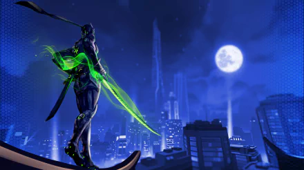 HD wallpaper featuring Genji from Overwatch, standing on a rooftop overlooking a futuristic cityscape with a full moon in the background, bathed in blue light.
