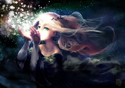 Anime-style HD desktop wallpaper featuring an original character with long blonde hair and bright aqua eyes, surrounded by sparkling light in a dark, starry background.