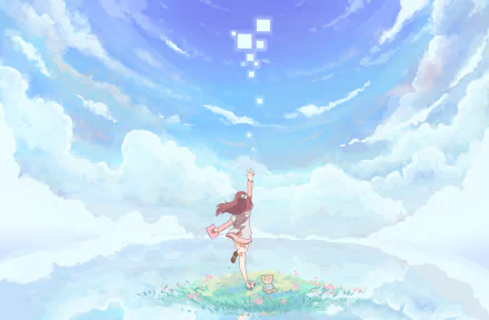 A vibrant HD desktop wallpaper featuring Rin from the anime Shelter, reaching for shimmering squares in a serene, cloud-filled sky, surrounded by a colorful grassy landscape.