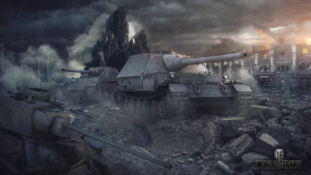 HD PC desktop wallpaper/background: T-34 tank from the World of Tanks video game on a ruined urban battlefield, smoke and rubble under dramatic, stormy lighting.