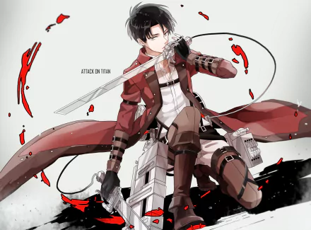 HD desktop wallpaper of Levi Ackerman from Attack on Titan, featuring a dynamic pose and intricate details, with splashes of red and a striking background.