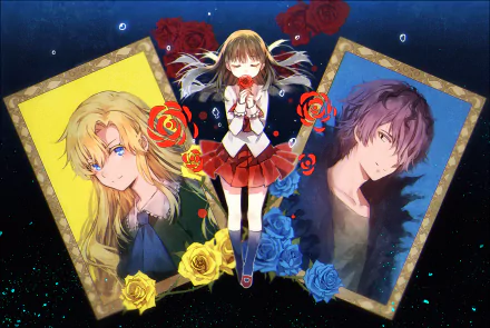 A vibrant HD wallpaper featuring characters from the video game Ib (2012), with a central figure surrounded by roses and portraits of other characters set against a dark backdrop.