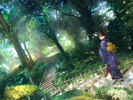 HD anime wallpaper featuring Kaga from Kantai Collection, standing in a sunlit, lush forest with traditional attire and soft rays filtering through the trees.