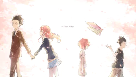 HD desktop wallpaper featuring characters from the anime A Silent Voice, including Shouko Nishimiya, against a soft, pastel background with cherry blossoms floating around.
