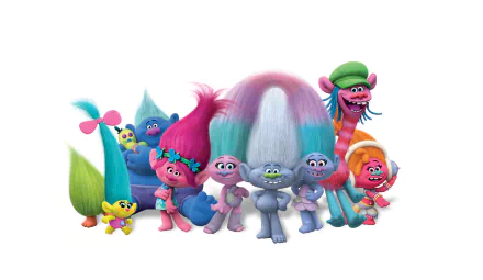Vibrant trolls from the movie Trolls pose together, showcasing their colorful hair and whimsical personalities in this HD desktop wallpaper and background.