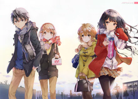 HD desktop wallpaper featuring characters from Masamune-kun's Revenge - Masamune Makabe, Kojuurou Shuri, Yoshino Koiwai, and Aki Adagaki. They are dressed in winter attire including jackets and scarves.