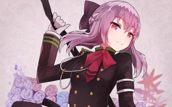 A dynamic wallpaper featuring Shinoa Hīragi from Seraph of the End, showcasing her striking purple hair and military-style outfit against a floral background.
