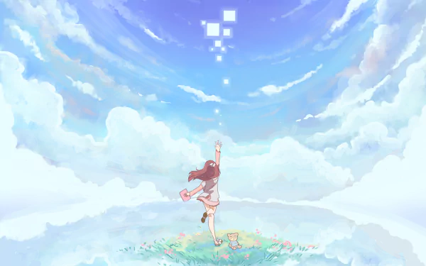 A vibrant HD desktop wallpaper featuring Rin from the anime Shelter, reaching for shimmering squares in a serene, cloud-filled sky, surrounded by a colorful grassy landscape.
