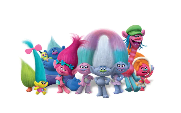 Vibrant trolls from the movie Trolls pose together, showcasing their colorful hair and whimsical personalities in this HD desktop wallpaper and background.